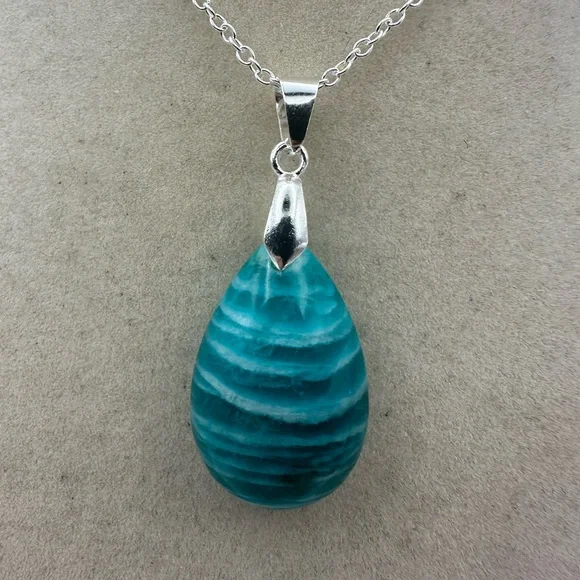 Zebra Amazonite Teardrop Pendant on Silver Plated Box Chain - Picture 3 of 7